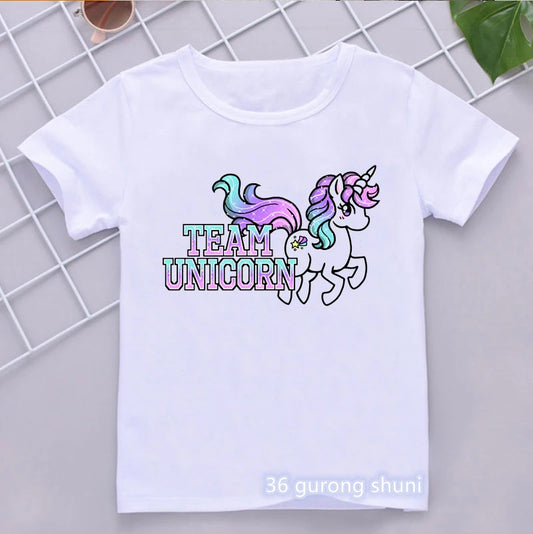 novelty design girls t-shirt cute unicorn cartoon print kids clothes summer fashion hip hop t shirt for boys funny girl clothes