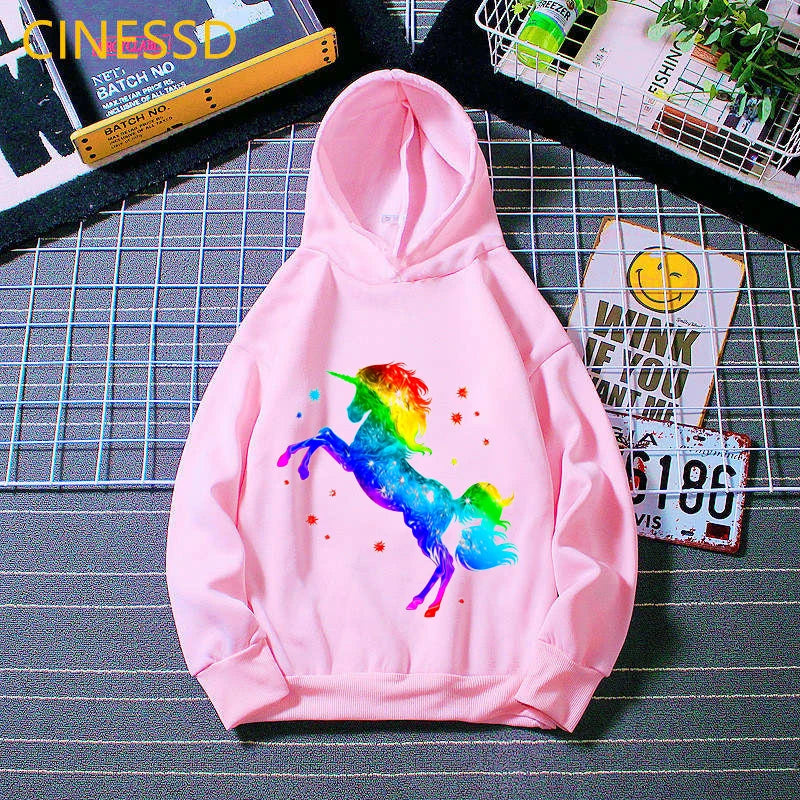 Rainbow Design Horse Unicorn Hoodies For Teen Boys 2021 Spring Autumn Winter Top Clothes Baby Girls Sweatshirt Kids Streetwear