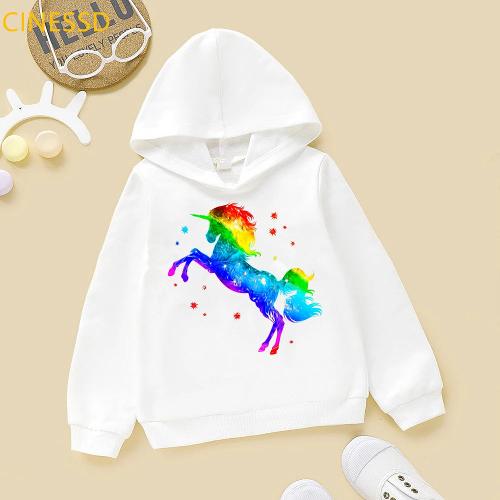 Rainbow Design Horse Unicorn Hoodies For Teen Boys 2021 Spring Autumn Winter Top Clothes Baby Girls Sweatshirt Kids Streetwear