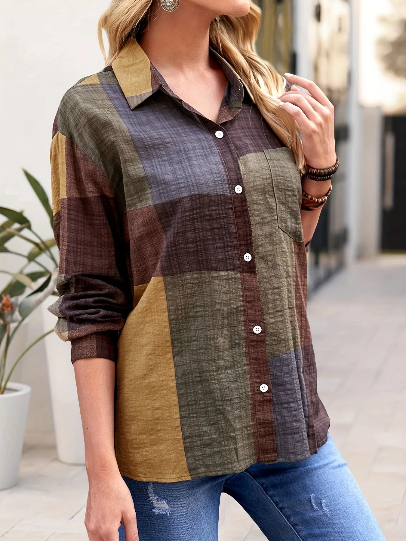 Women Fashion Plaid Printed Blouses Shirts Casual Turn Down Collar Long Sleeve Shirt Tops Ladies Single Breasted Top