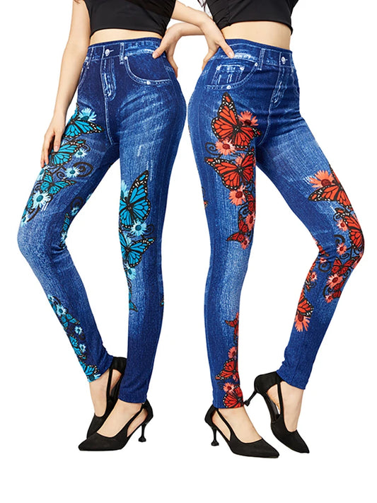 CUHAKCI Sexy Gym Leggins High Waist Elastic Butterfly Pritned Pencil Pants Faux Denim Leggings Female New Disign Hot Sale