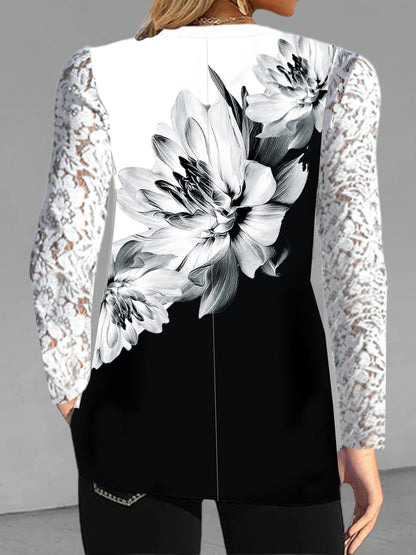 Fashion Women  Floral Printed Blouses Shirts Casual V Neck Full Long Sleeve Shirts Tops Ladies Chic Patcchwork Lace Shirt