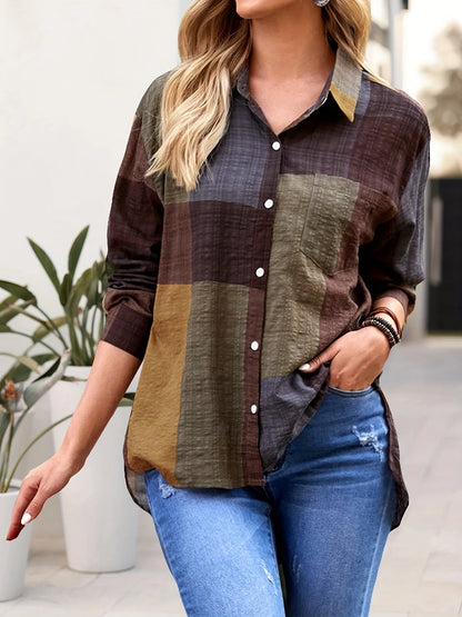 Women Fashion Plaid Printed Blouses Shirts Casual Turn Down Collar Long Sleeve Shirt Tops Ladies Single Breasted Top