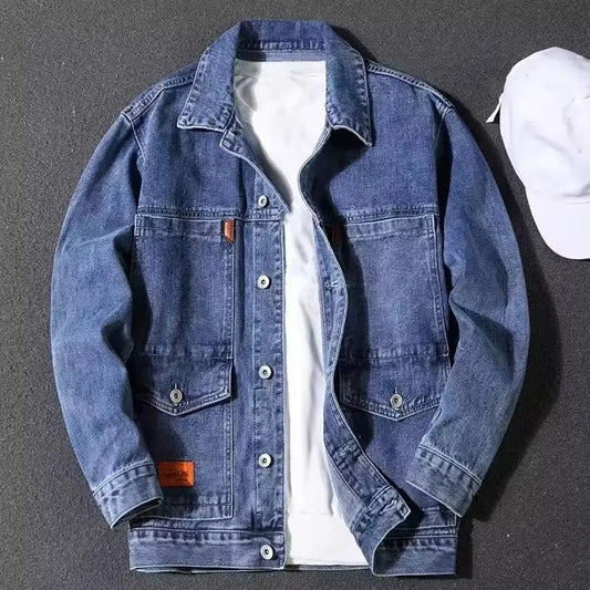 Warm Turn-down Collar Hip Hop Men Autumn Denim Jacket for Daily Wear