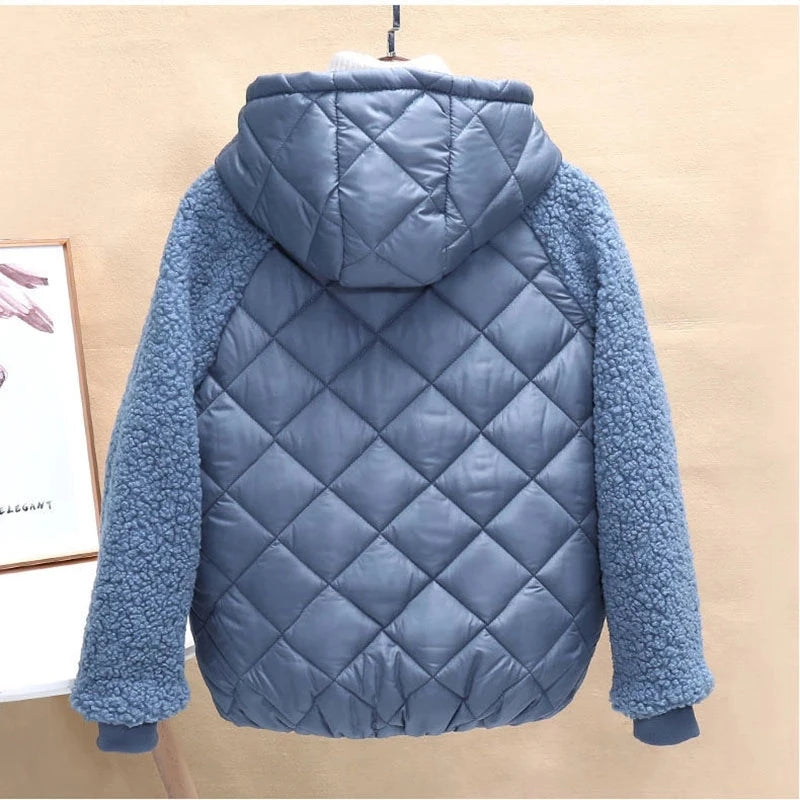 Thin light Down Cotton Jacket Female Short Coat Autumn Winter Women's 2023 New Hooded Loose Imitation lamb Wool Cotton Jacket C