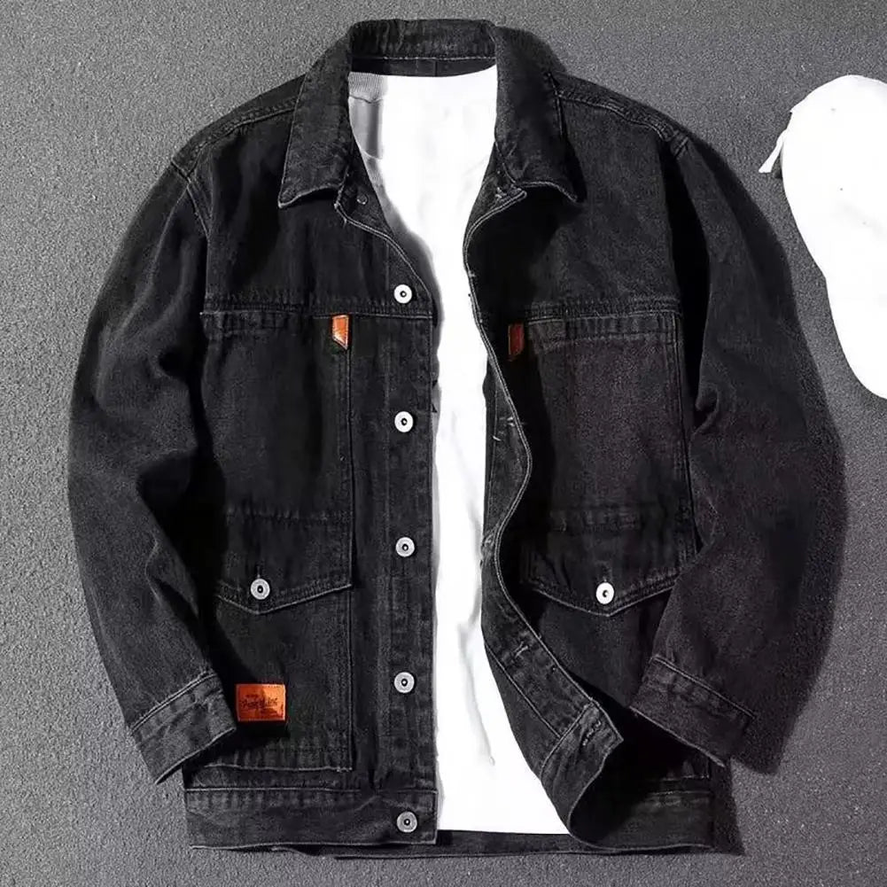 Warm Turn-down Collar Hip Hop Men Autumn Denim Jacket for Daily Wear