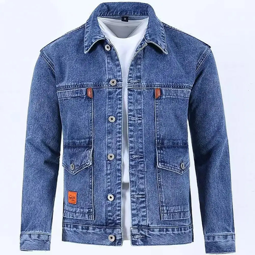 Warm Turn-down Collar Hip Hop Men Autumn Denim Jacket for Daily Wear