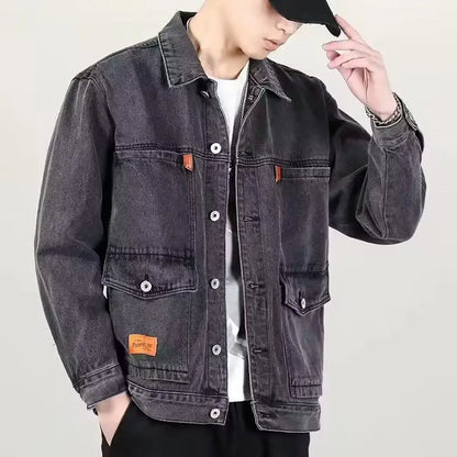 Warm Turn-down Collar Hip Hop Men Autumn Denim Jacket for Daily Wear